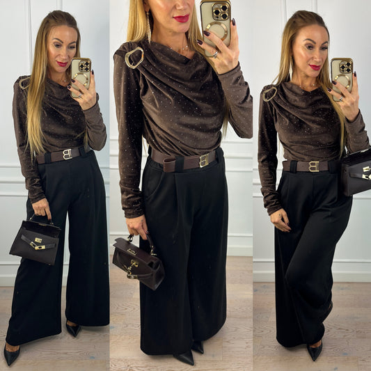 Welurowa bluzka z błyszczącymi dżetami BRUNA / CZEKOLADOWA