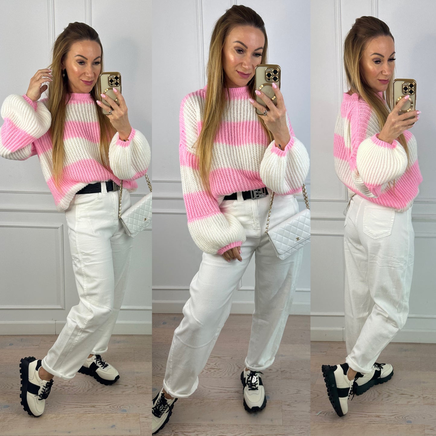 Sweter z wełną i moherem MILEY / RÓŻOWO-ŚMIETANKOWY