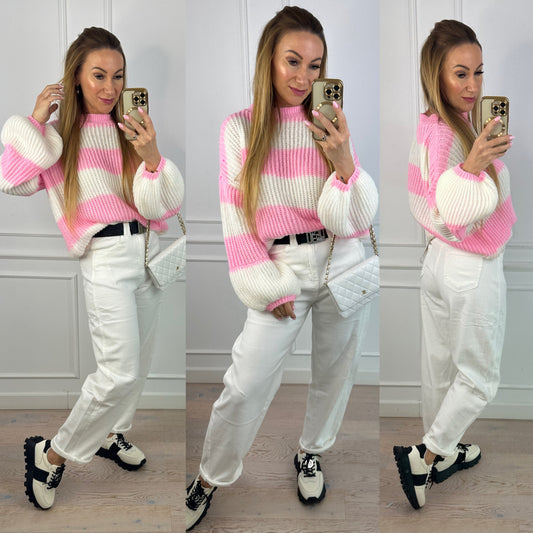 Sweter z wełną i moherem MILEY / RÓŻOWO-ŚMIETANKOWY