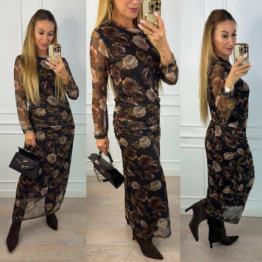 Sukienka w kwiaty ELEANOR / CZEKOLADOWO-ZIELONA