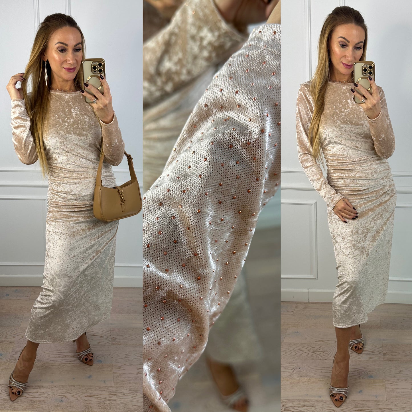 Welurowa sukienka z błyszczącymi dżetami VILEA / BEŻOWA