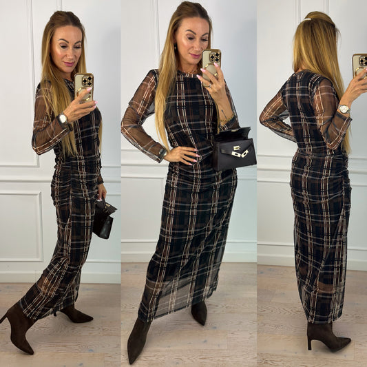 Sukienka w kratę ELEANOR / CZARNO-BRĄZOWA