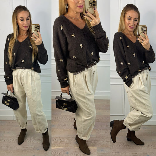 Sweter z wełną i wiskozą DEVORE / CZEKOLADOWY