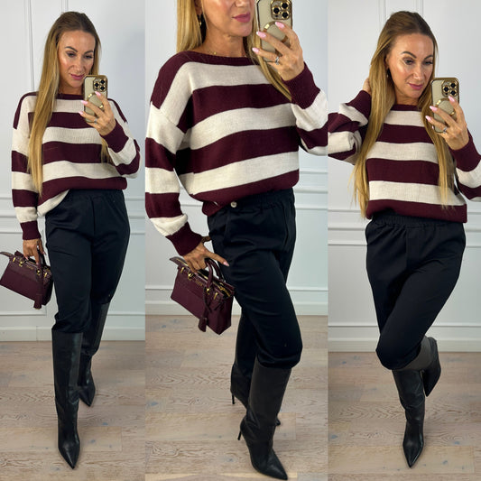 Sweter w pasy VESS / BURGUNDOWO-KREMOWY