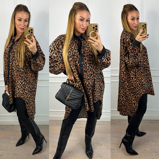 Koszula z wiskozą CAMMA / CZARNO-BRĄZOWA